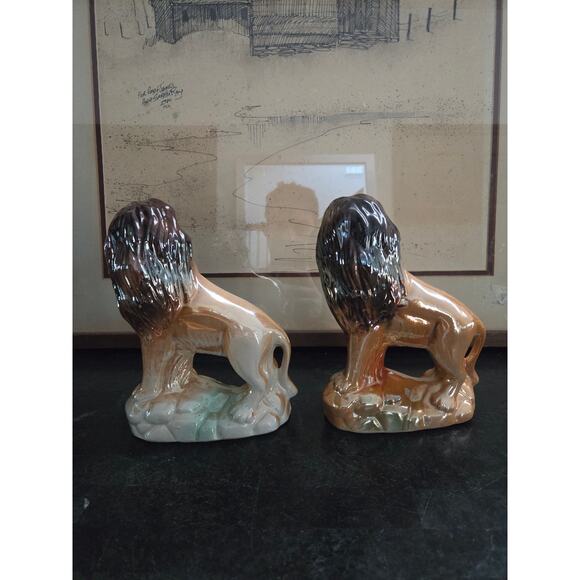 Vintage 1960s-80s Pair Brazilian Iridescent Ceramic Lions 7" Safari Decor Lustre - Picture 4 of 10